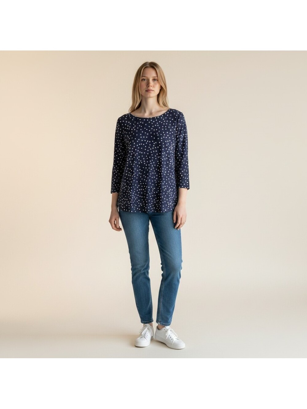 Croft & Barrow Top Women M Medium Blue Polka Dot 3/4 Sleeve Cotton Casual